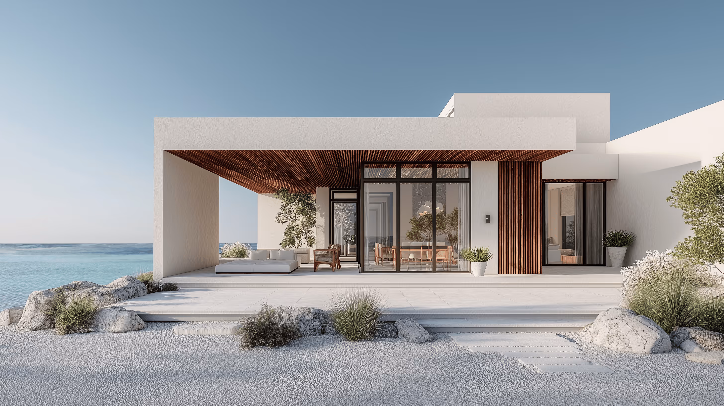 Modern beachfront villa with white exterior, wooden ceiling panels, glass doors, outdoor lounge seating, and coastal landscaping.