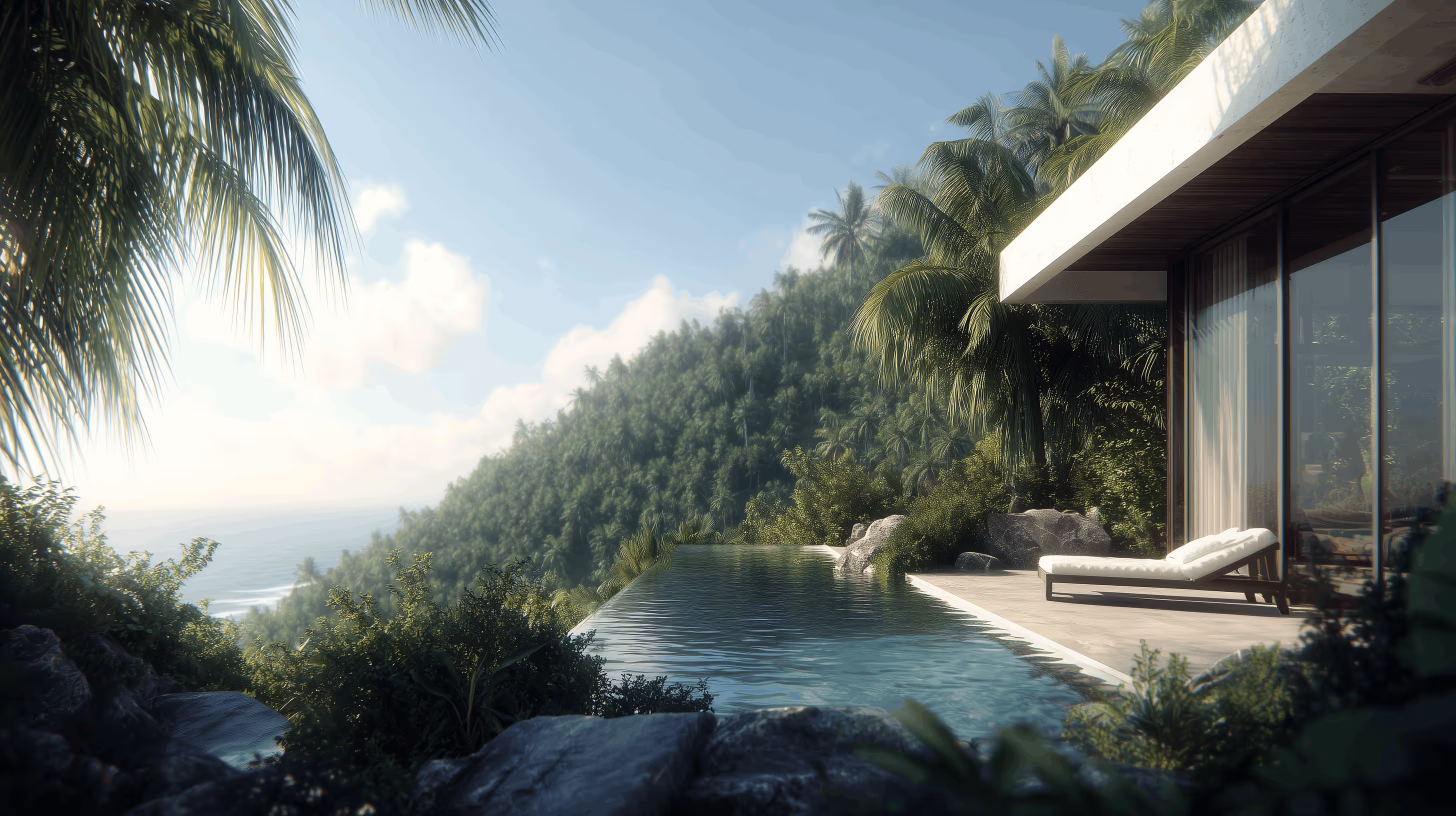 Modern house with a poolside lounge chair overlooking an infinity pool and lush tropical forest under a clear sky.