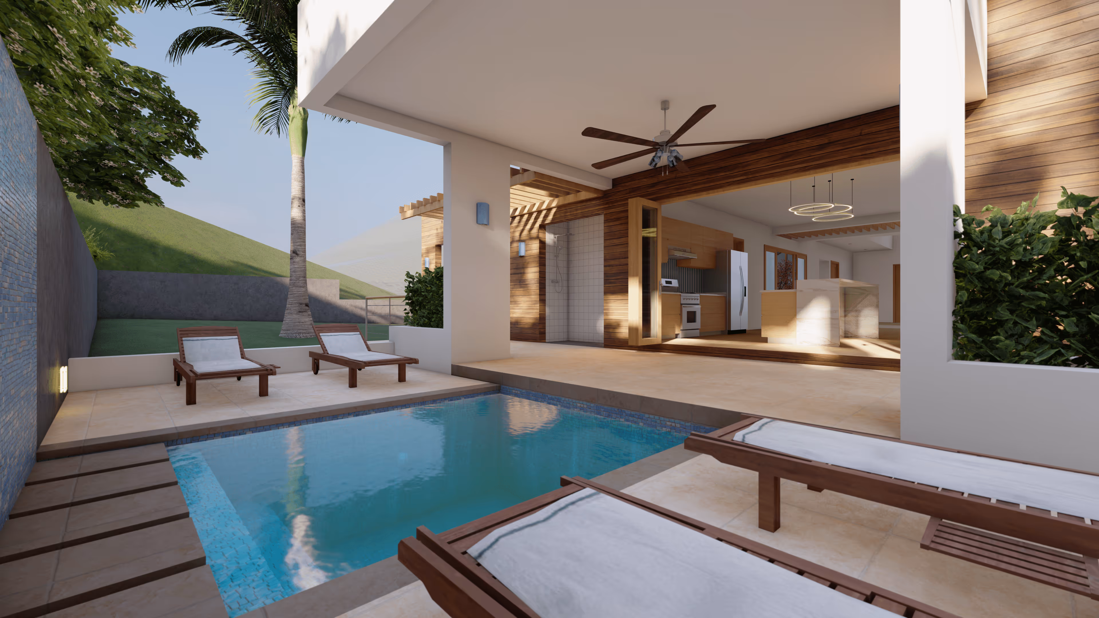 Modern outdoor patio with a small swimming pool, four wooden lounge chairs, and an open living area with a kitchen and ceiling fan.