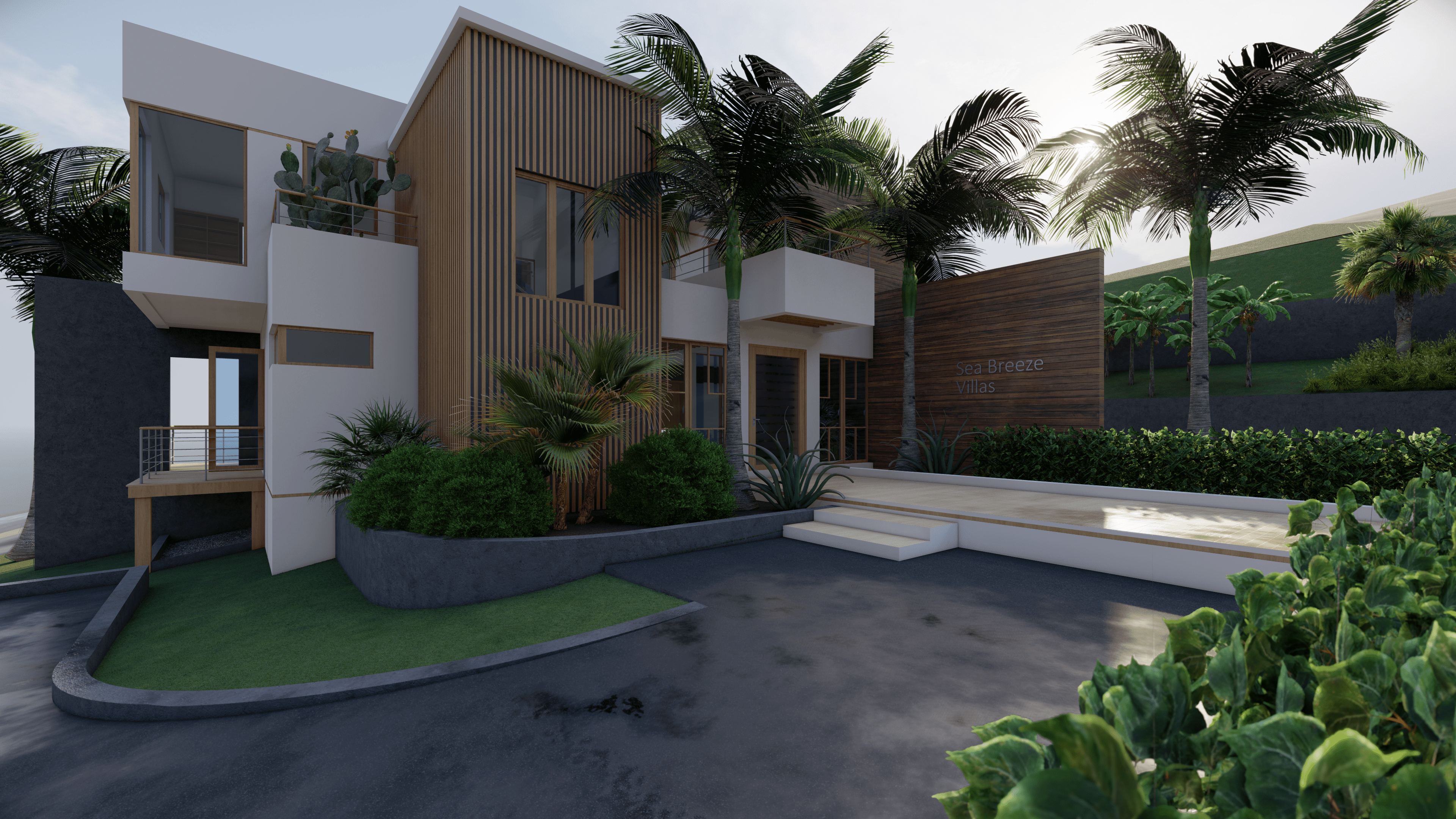 Modern villa entrance with wooden paneling, large windows, palm trees, and green landscaping under sunlight.