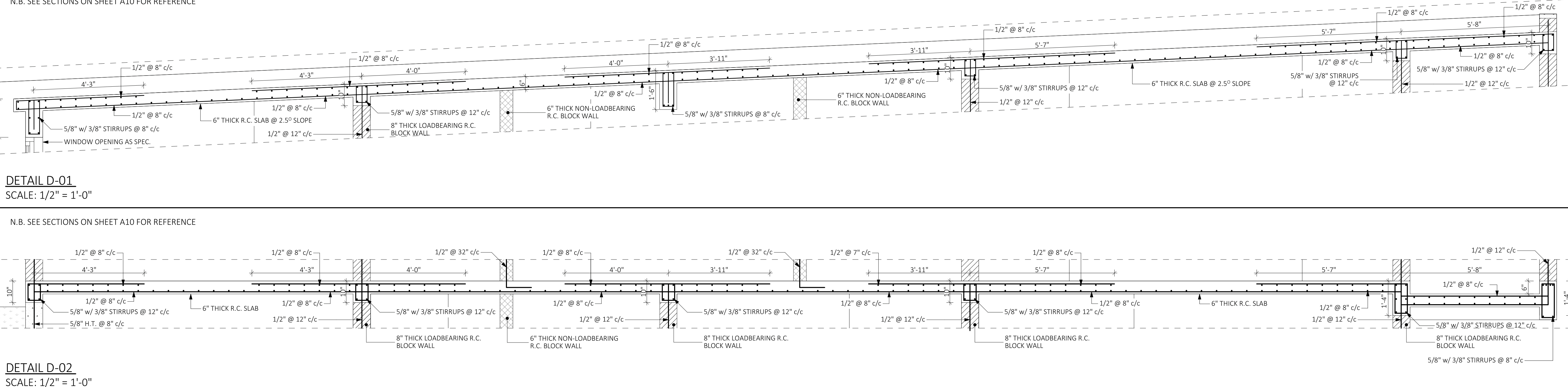 Architectural technical drawings showing detailed sectional views of reinforced concrete slabs and block walls with measurements and reinforcement specifications.
