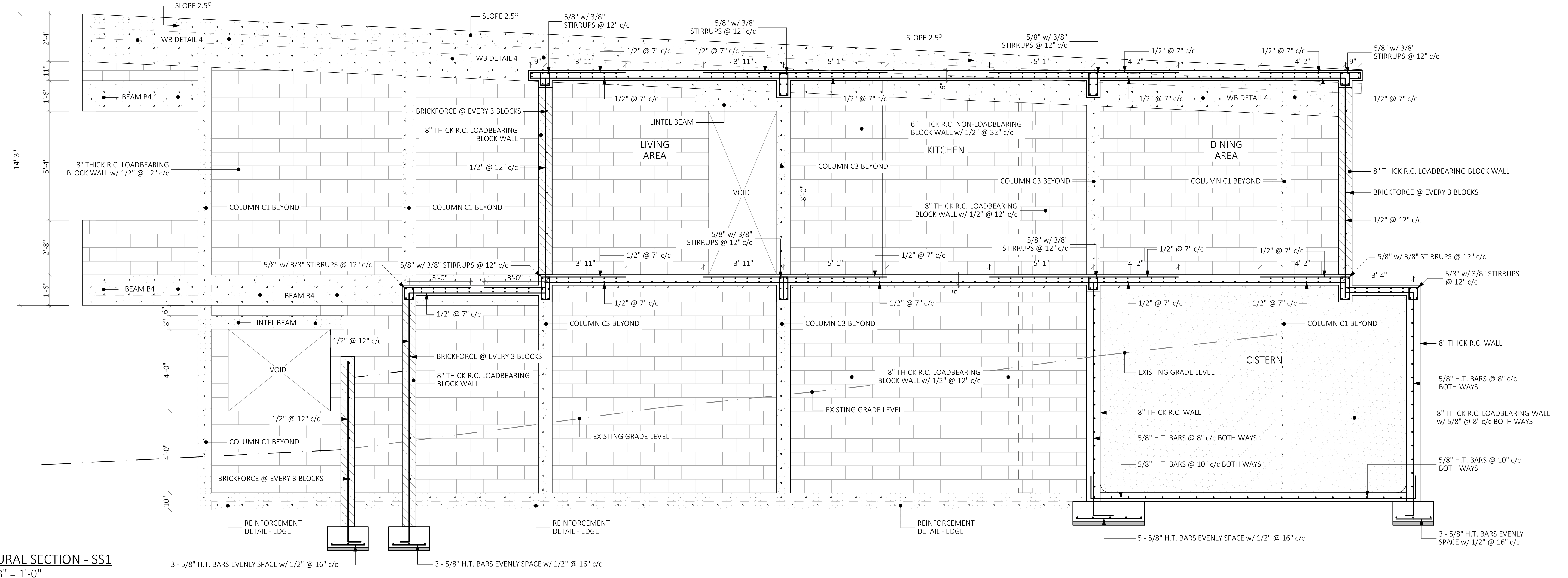 Architectural structural section drawing showing layout and reinforcement details of loadbearing block walls, beams, columns, and areas labeled Living Area, Kitchen, Dining Area, and Cistern.