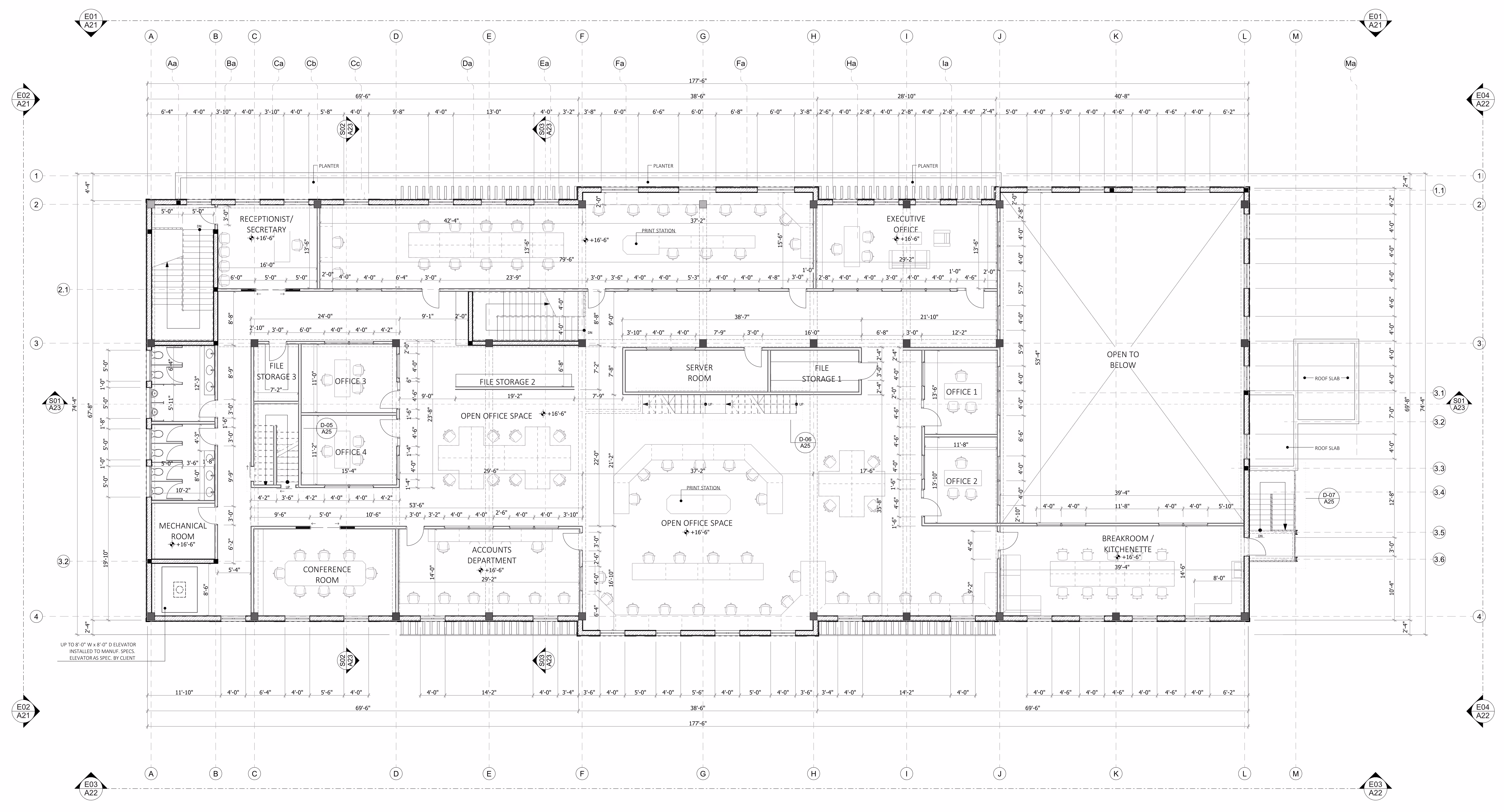 Architectural floor plan of an office layout including receptionist area, executive office, multiple open office spaces, file storage rooms, conference room, accounts department, mechanical room, server room, and breakroom/kitchenette.