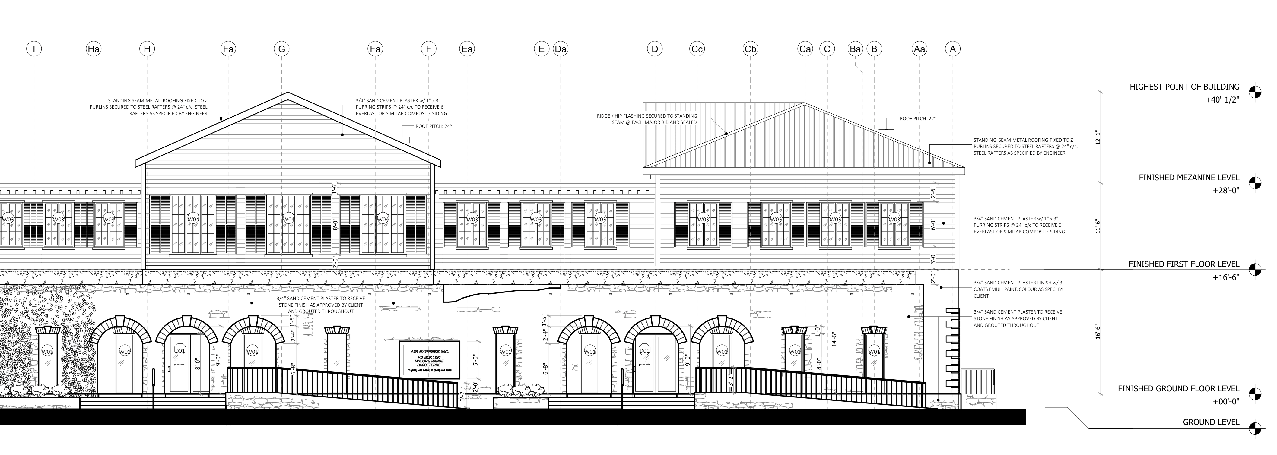 Architectural front elevation drawing of a two-story building with arched doorways, multiple windows with shutters, stone and siding exterior, and detailed construction notes.