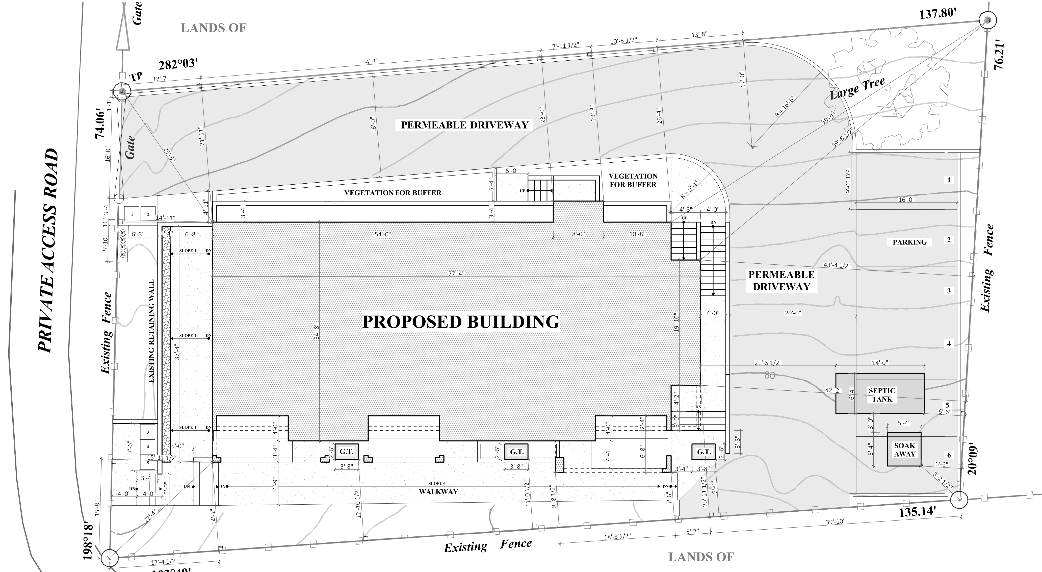Site plan showing a proposed building surrounded by permeable driveway, vegetation buffers, parking spaces, a septic tank, soak away area, fences, gates, and a large tree.