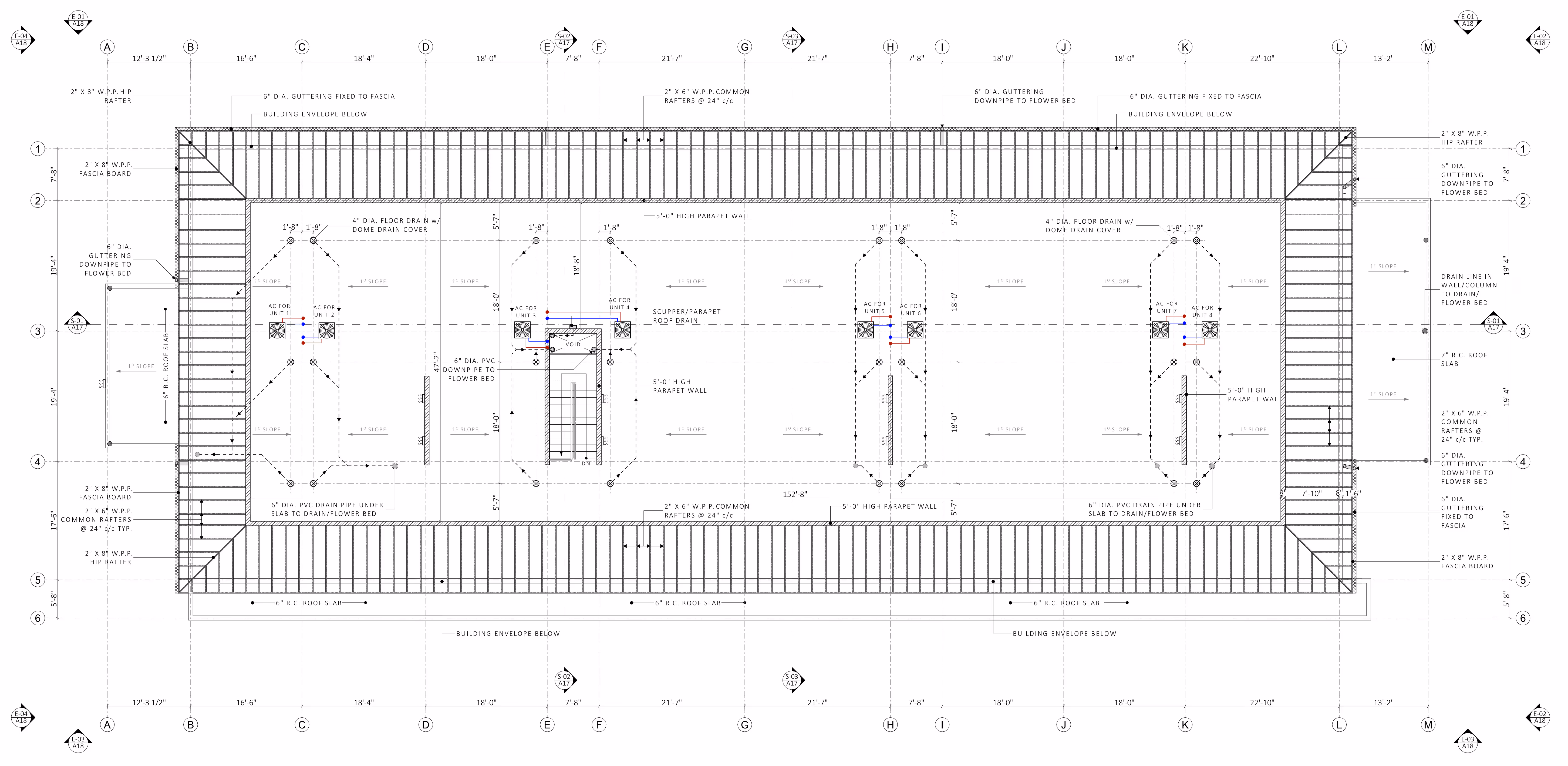 Architectural roof plan with measurements, roof drains, parapet walls, rafters, stairs, and annotations for building envelope details.