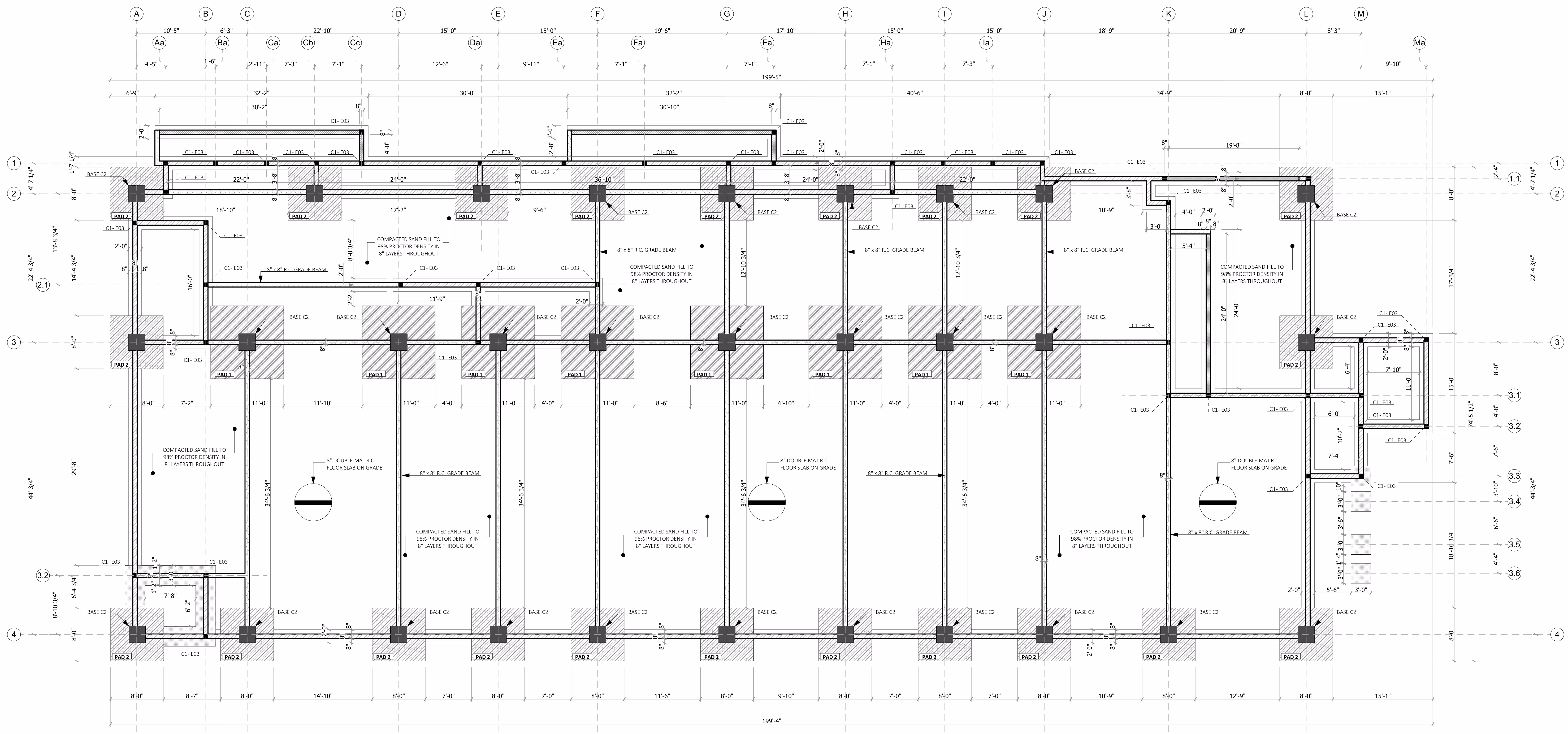 Architectural floor plan showing detailed layout with columns, beams, dimensions, and construction notes.