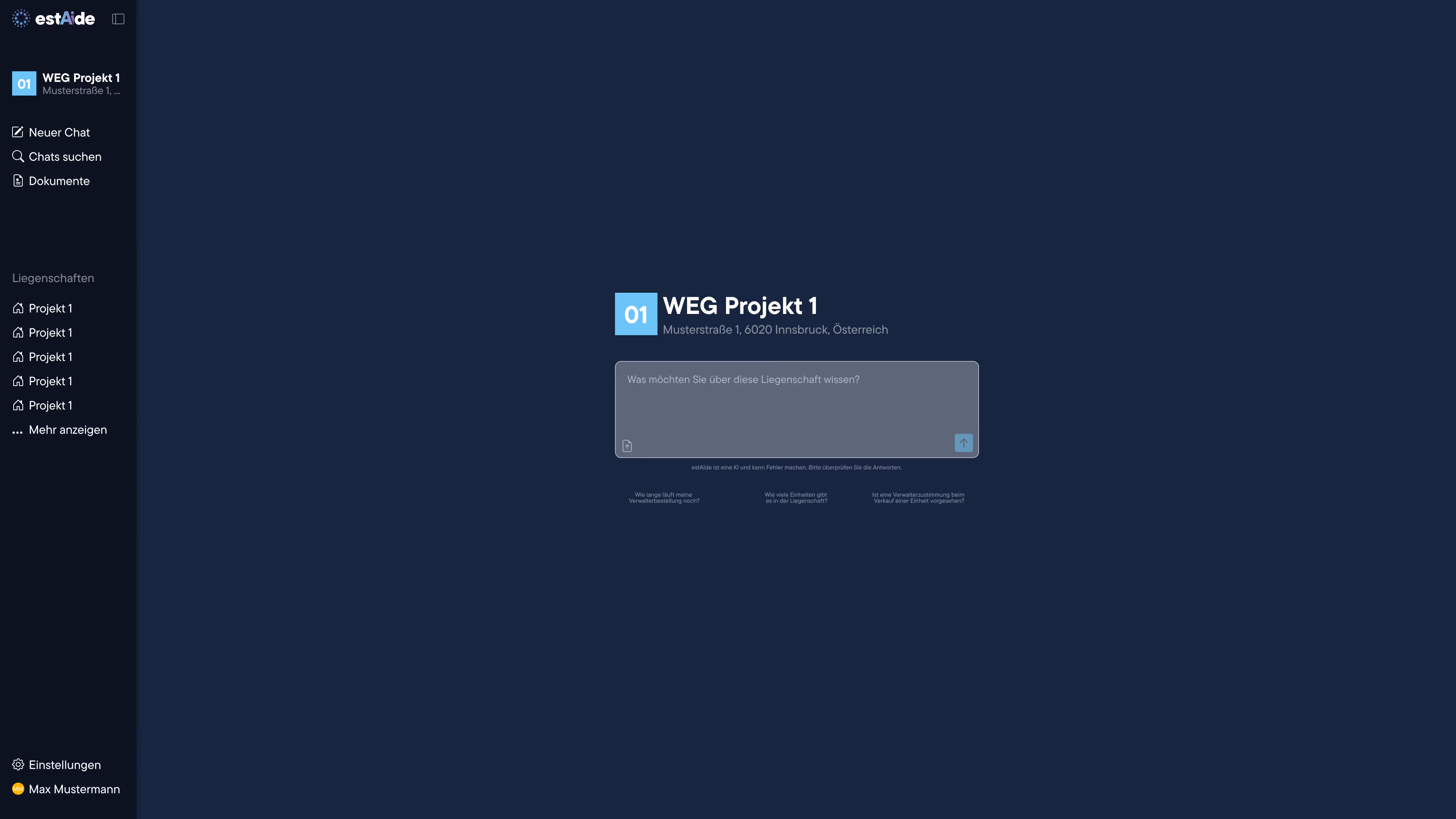 User interface of estAide showing project 'WEG Projekt 1' with chat input box asking what information is needed about the property.