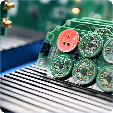 Close-up of a green printed circuit board with multiple circular electronic components and connectors.