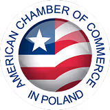 Logo of the American Chamber of Commerce in Poland featuring a circular design with the U.S. flag and text.