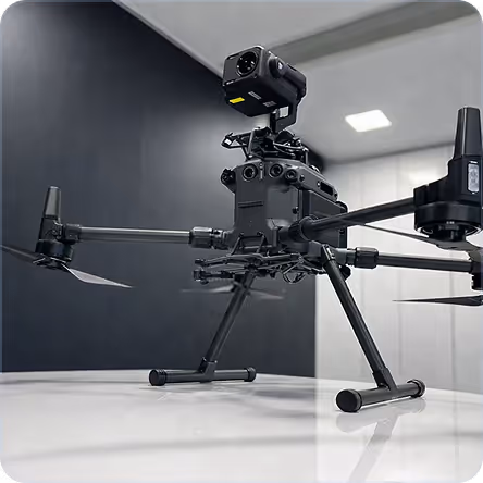 Black professional drone with mounted camera on a white surface in an indoor room.