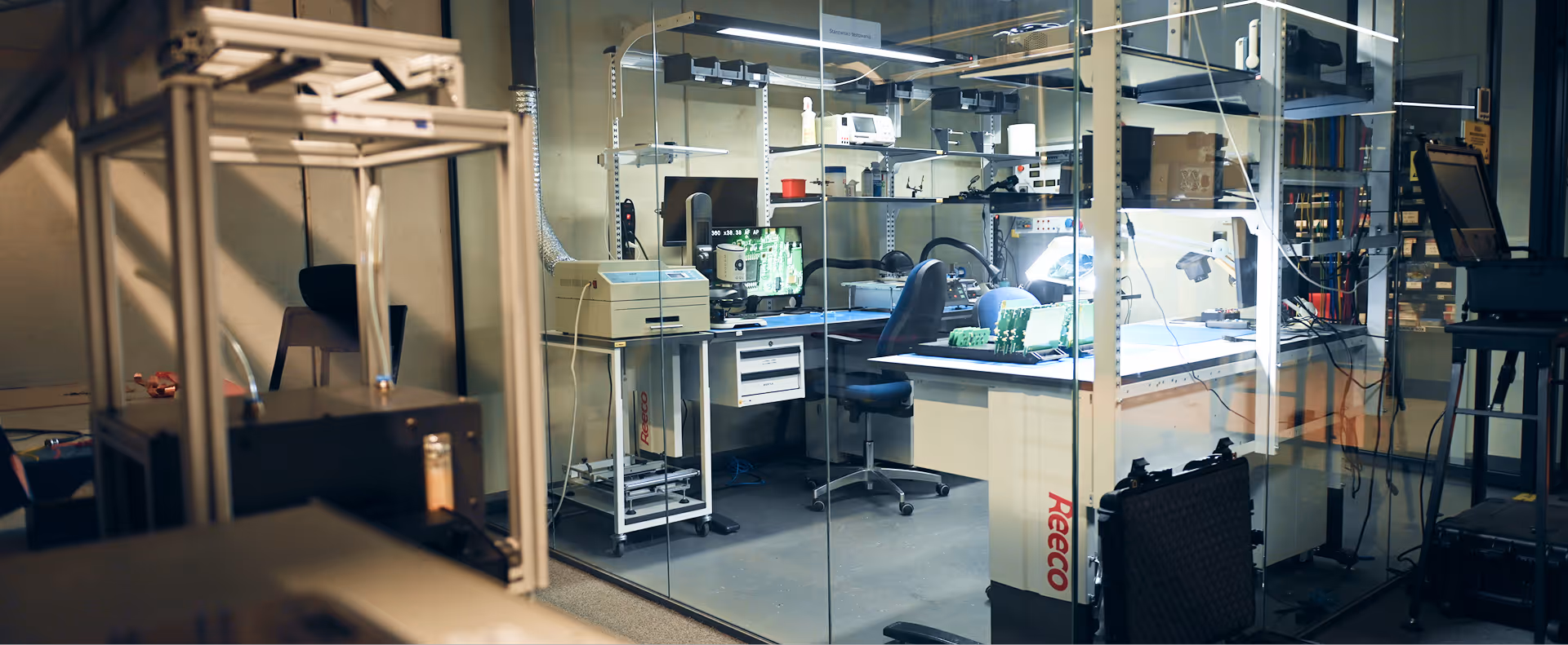 Modern electronics lab with glass walls, workstations, computer monitors, and circuit boards.