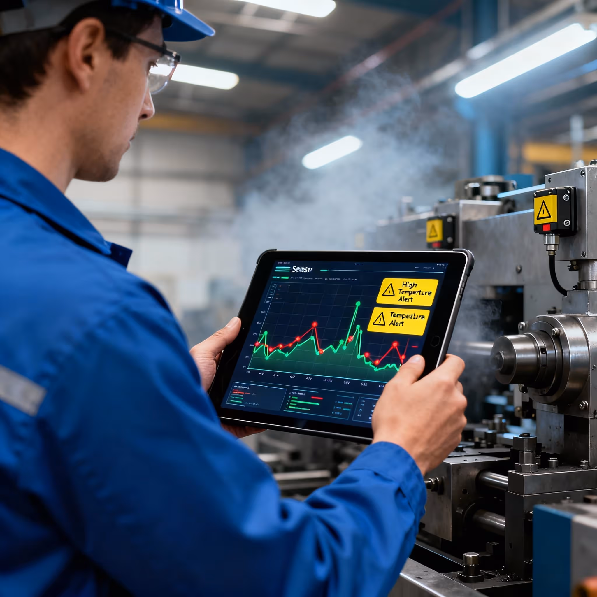 Industrial engineer standing in a factory, using a tablet to monitor predictive maintenance data from machine sensors, with real-time graphs and maintenance alerts visible on the screen.