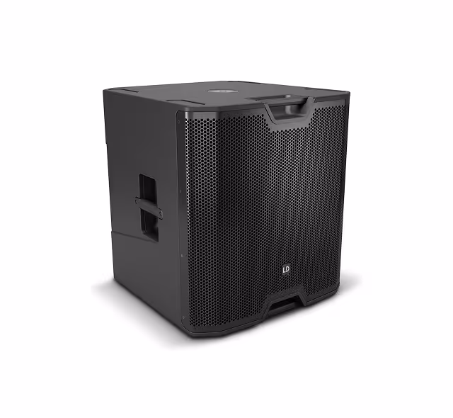Zwarte professionele subwooferluidspreker met metalen rooster en draaghandvatten aan de zijkanten.