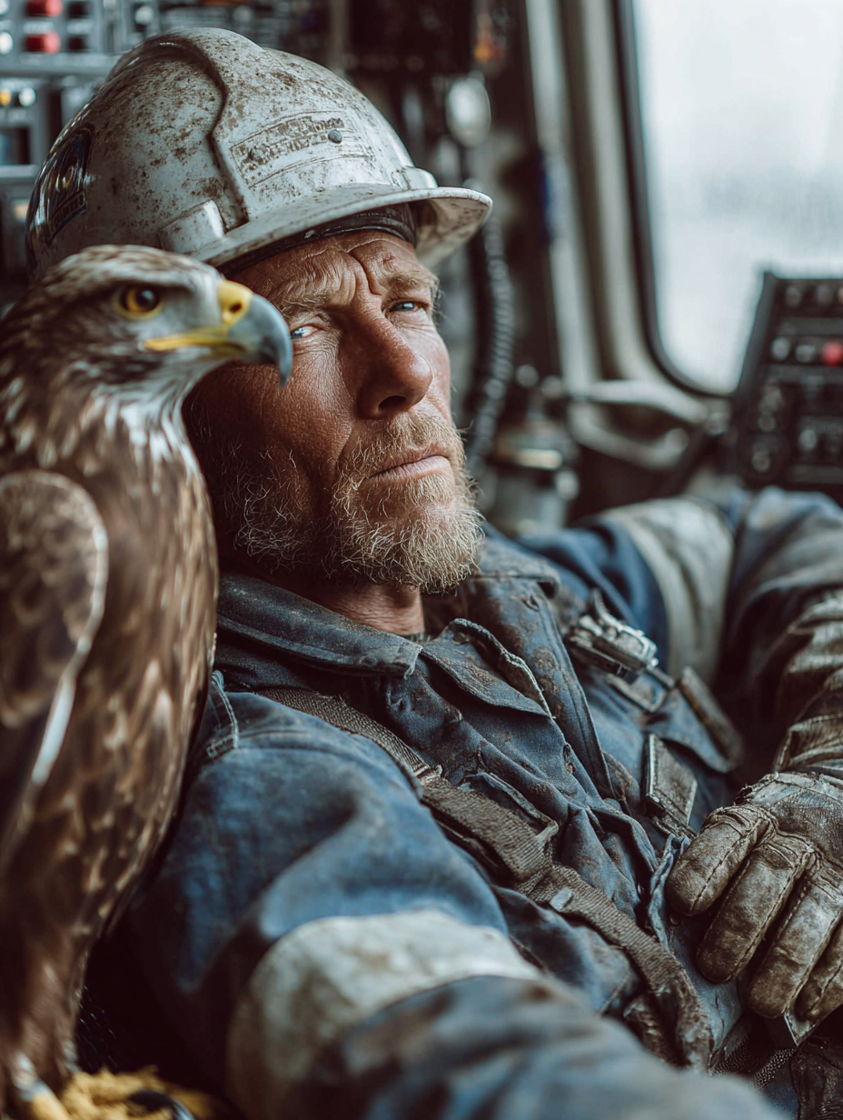 Close-up of a rugged man in a dirty hard hat and work clothes sitting beside a sharp-eyed hawk inside a vehicle.