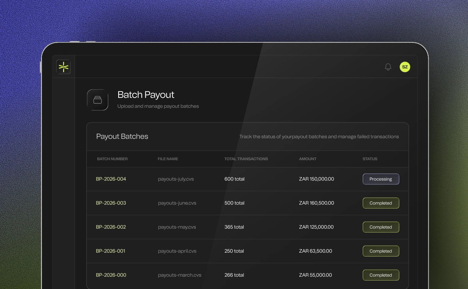 Tablet screen showing Batch Payout interface listing payout batches with file names, total transactions, amounts in ZAR, and status indicating one processing and others completed.