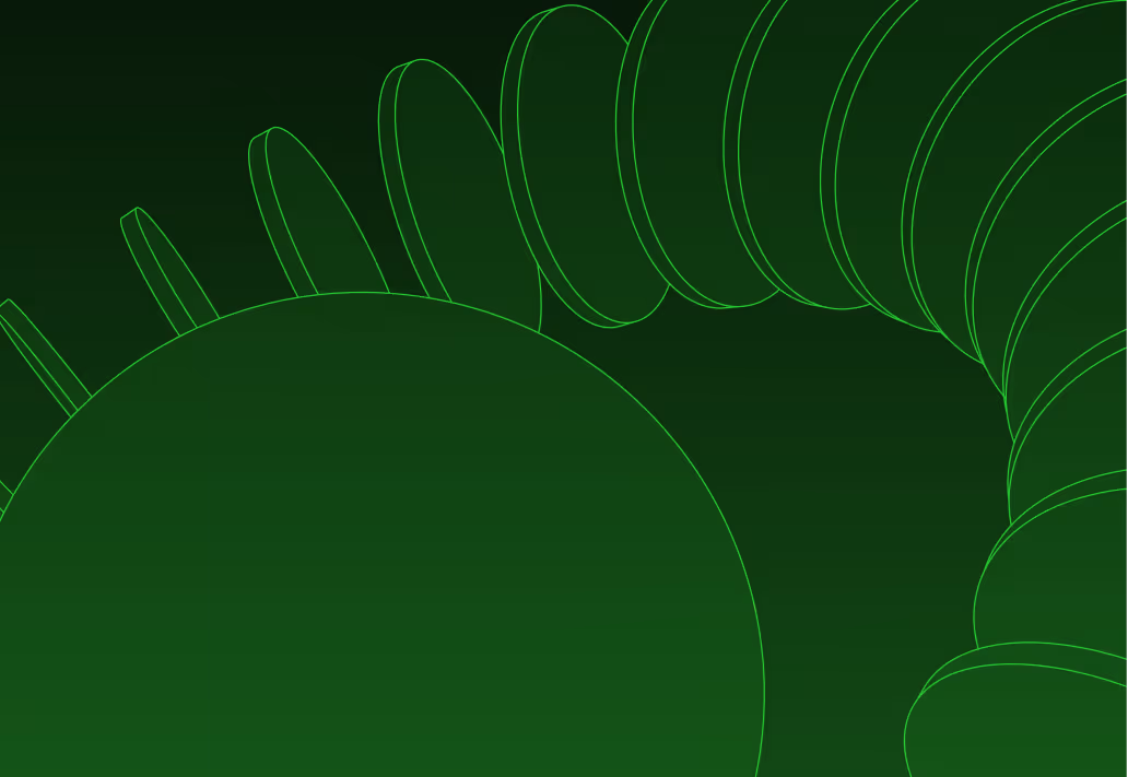 Green abstract 3D shapes with circular and oval forms connected in a curved structure on a dark green background.