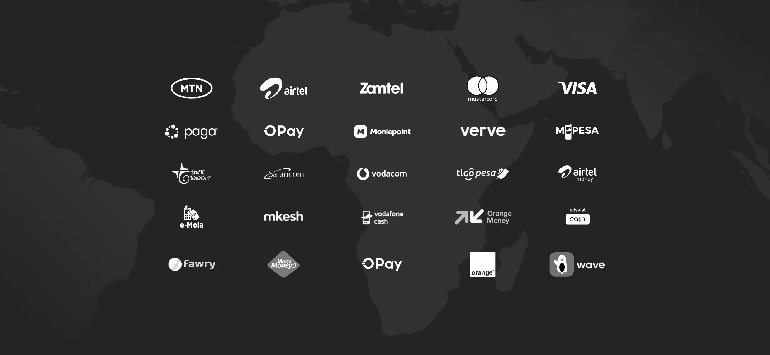 Logos of African mobile payment and financial service providers arranged over a dark map of Africa, including MTN, Airtel, Zamtel, Mastercard, Visa, Paga, Opay, Moniepoint, Verve, Mpesa, Telebirr, Safaricom, Vodacom, Tigo Pesa, Airtel Money, e-Mola, Mkesh, Vodafone Cash, Orange Money, Etisalat Cash, Fawry, Moov Money, Orange, and Wave.