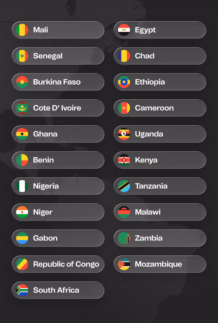 List of African countries with their flags including Mali, Senegal, Burkina Faso, Cote D’Ivoire, Ghana, Benin, Nigeria, Niger, Gabon, Republic of Congo, South Africa, Egypt, Chad, Ethiopia, Cameroon, Uganda, Kenya, Tanzania, Malawi, Zambia, and Mozambique.