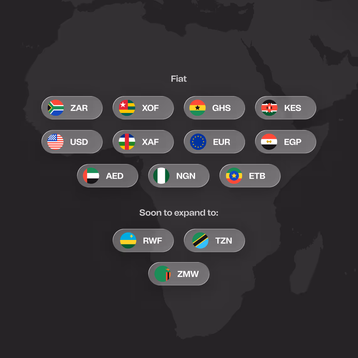 List of African and international fiat currencies represented by their flags and ISO codes, with some marked for upcoming expansion.