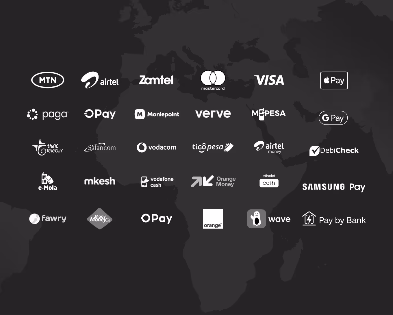 Logos of various African and international payment providers over a dark Africa map background.