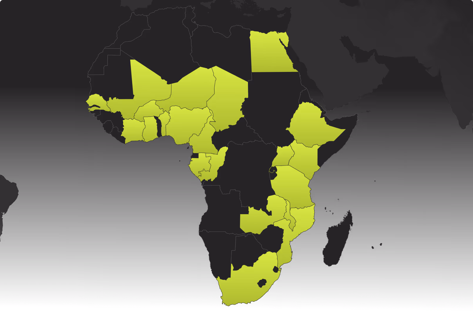 Map of Africa highlighting countries in northern, western, eastern, central, and southern regions in green.