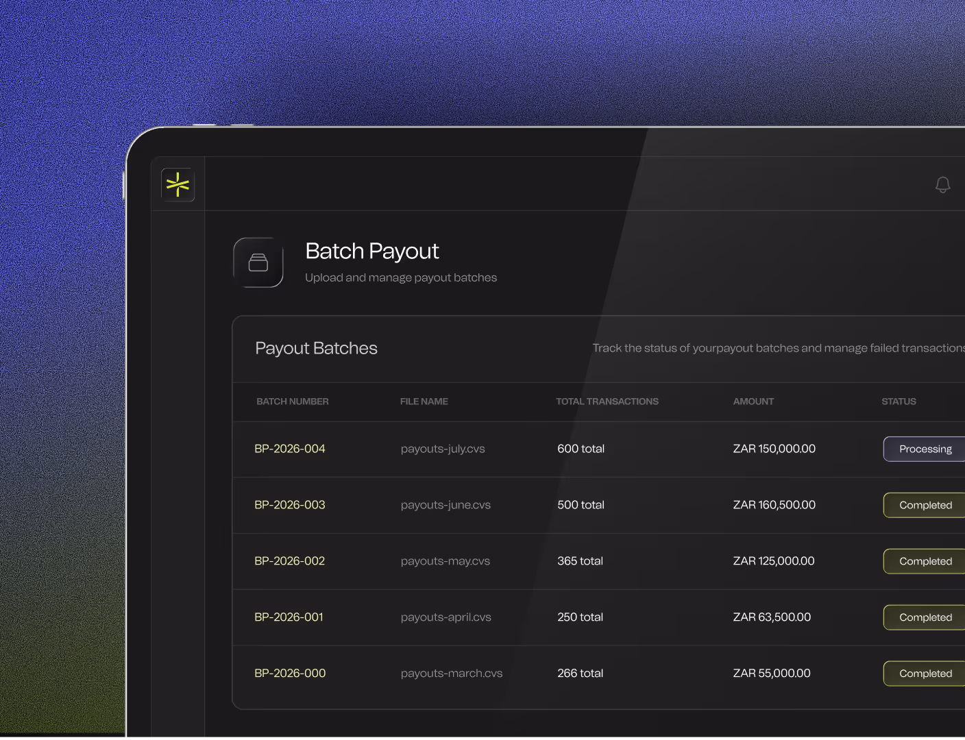 Batch Payout interface showing payout batches with batch numbers, file names, total transactions, amounts in ZAR, and statuses, mostly completed except one processing.