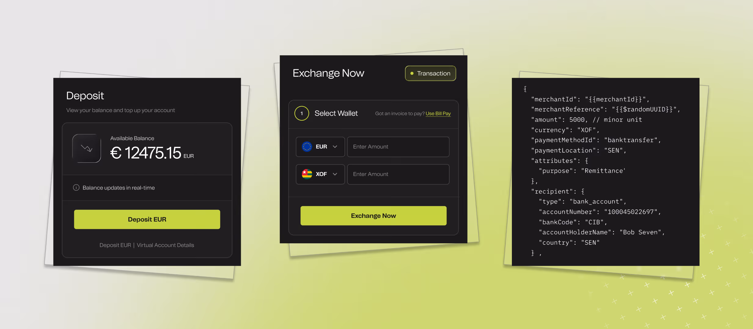 Three panels showing a deposit interface with available balance and deposit button, an exchange interface to select wallets and enter amounts, and a code snippet of a transaction JSON for bank transfer remittance.