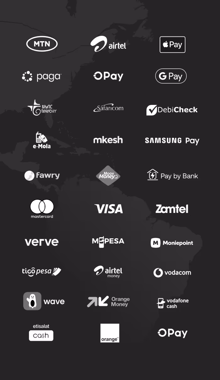 Grid of various mobile payment and money transfer service logos including MTN, Airtel, Apple Pay, Paga, G Pay, Safaricom, DebitCheck, Samsung Pay, Mastercard, Visa, M-Pesa, Zamtel, Verizon, Orange Money, Vodafone Cash, and others.