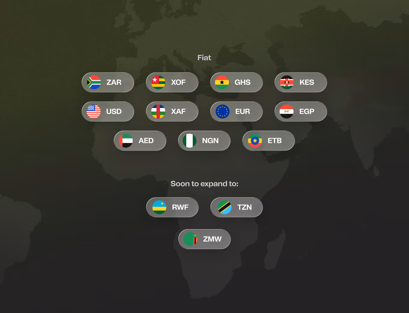Currency options with flags labeled as fiat currencies including ZAR, USD, AED, XOF, XAF, NGN, GHS, EUR, ETB, KES, EGP and soon to expand to RWF, TZN, ZMW.