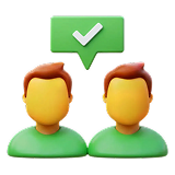 Two faceless characters in green shirts with a green chat bubble showing a white checkmark above them.