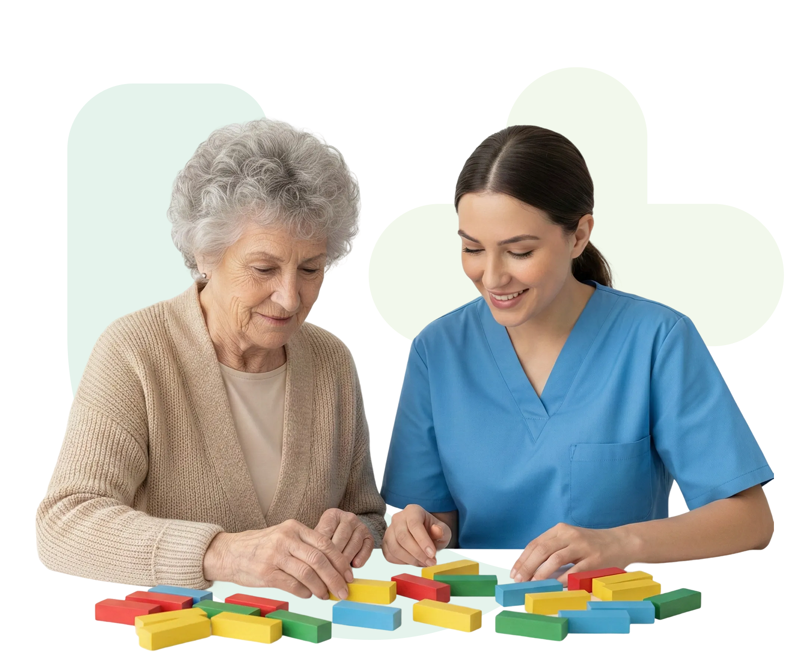 Caregiver assisting elderly woman with resistance band exercise on a couch, with green medical-themed graphic in background.