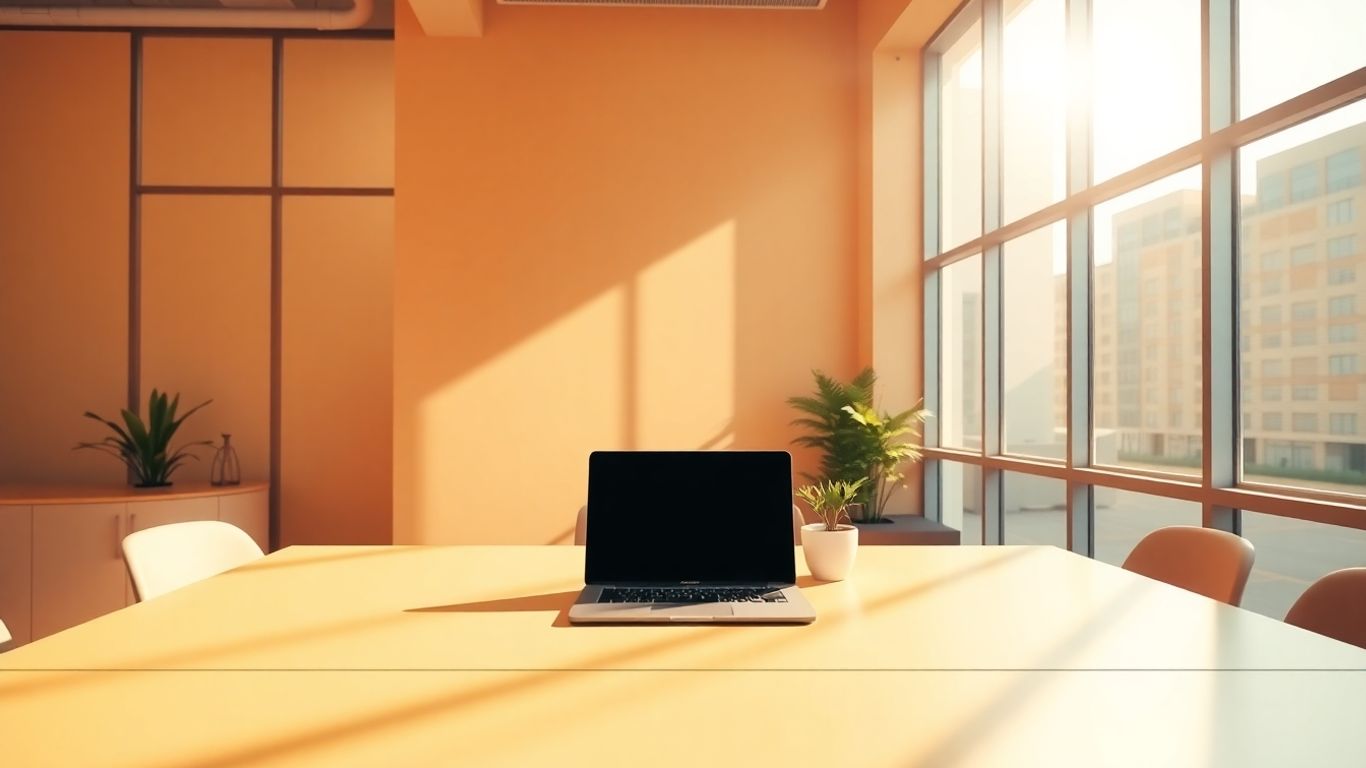 Modern office with sunlight and plant.