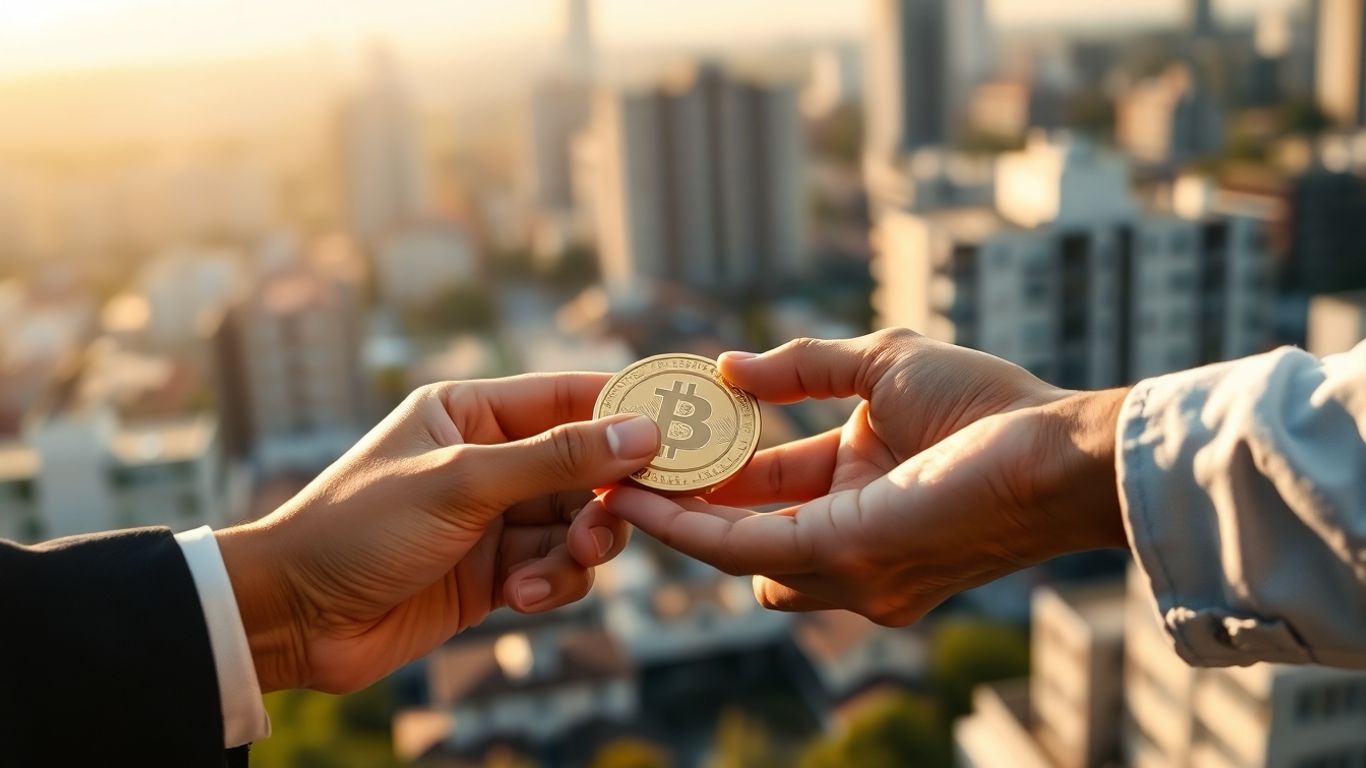Hands exchanging a golden grant coin with a city background.