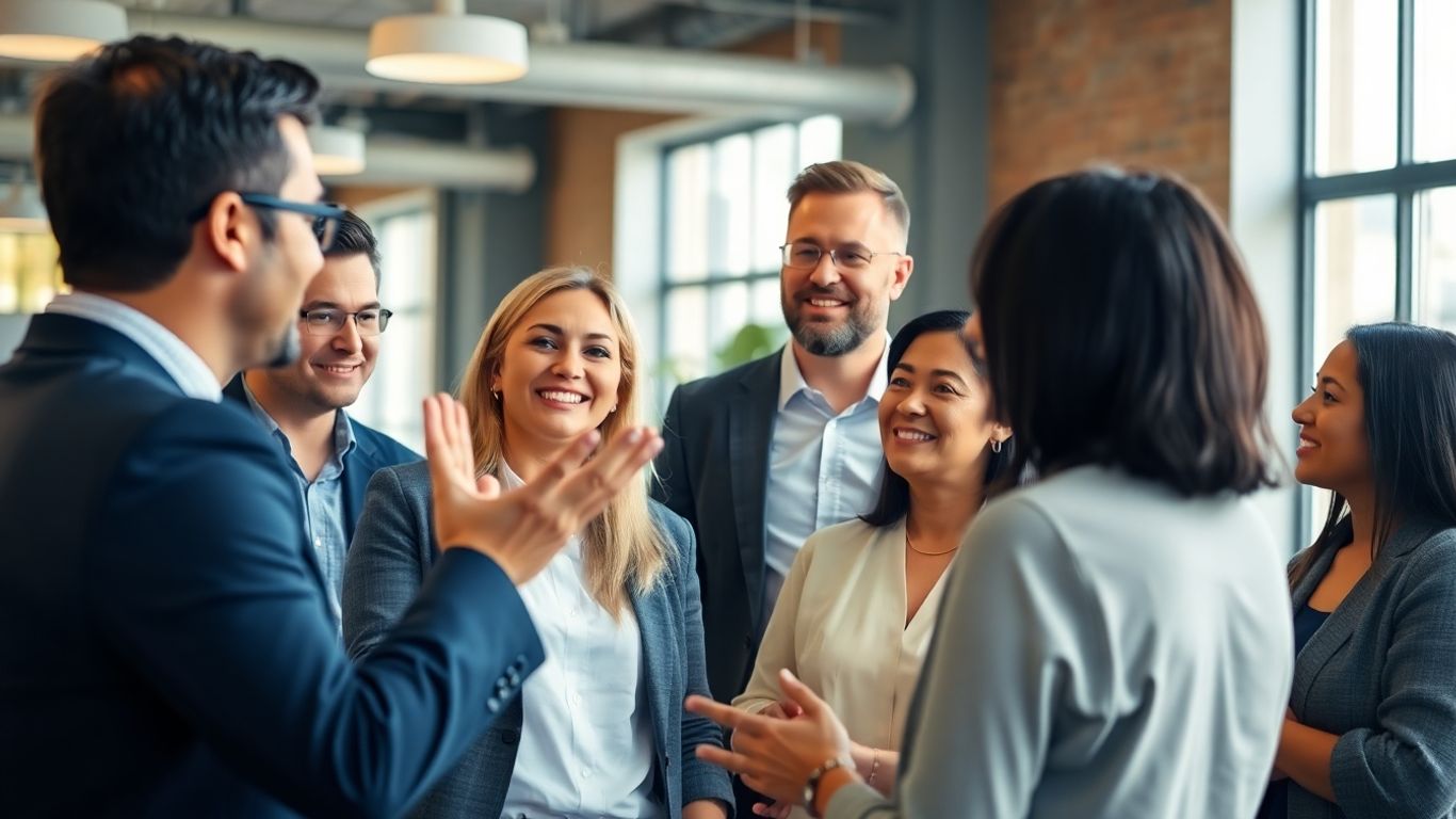 Professionals networking in a modern office.