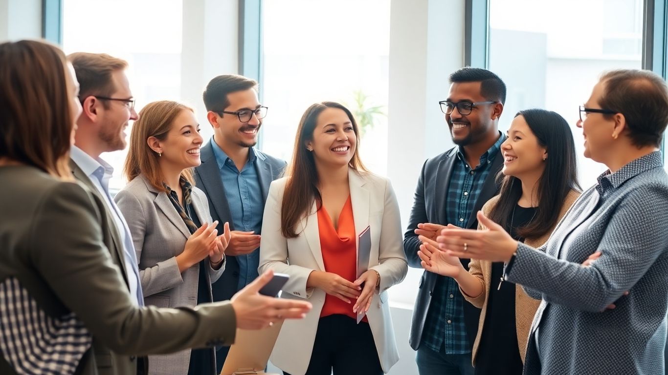 Professionals networking and discussing in a modern office.