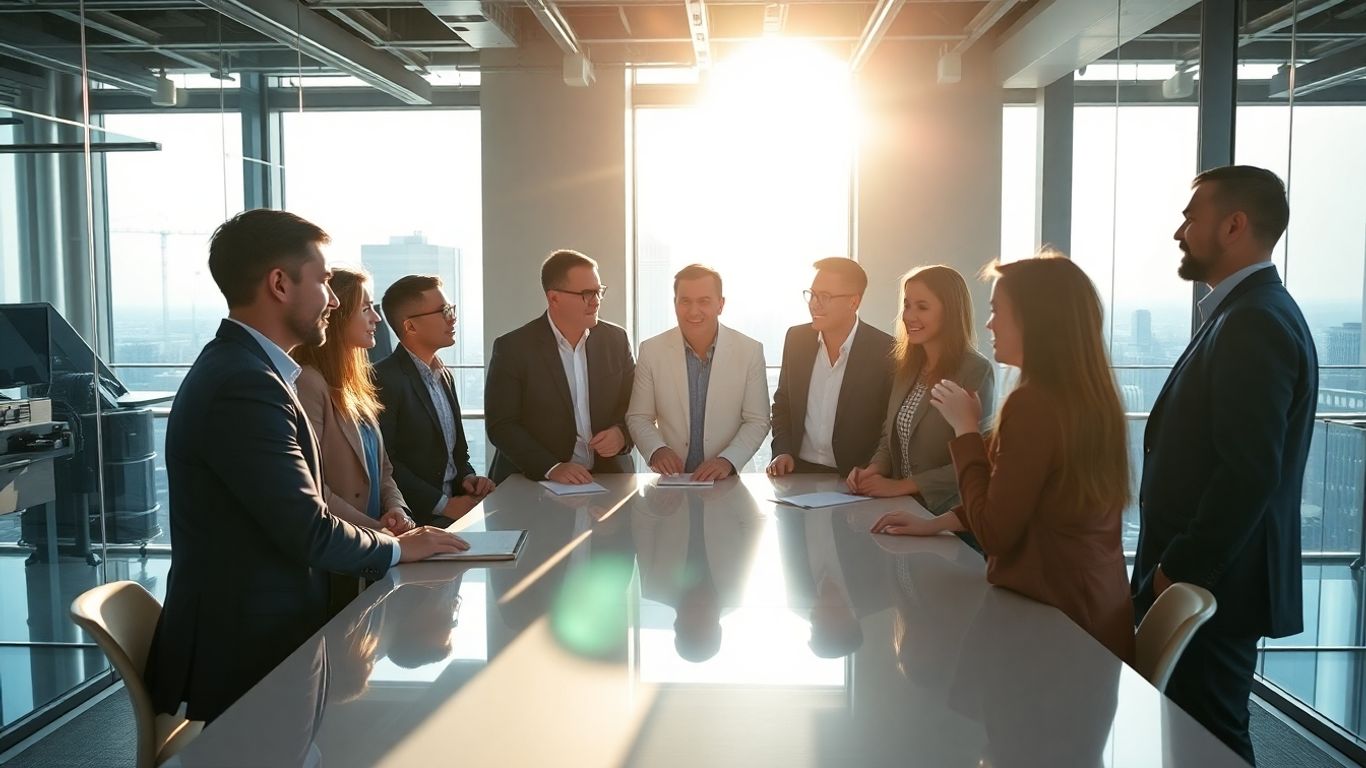 Dubai professionals networking in a modern office.