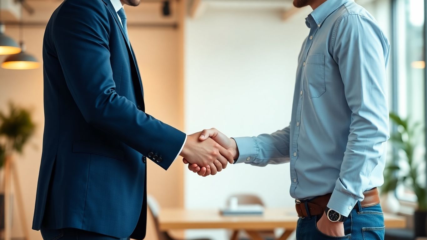 Investor and founder shaking hands in a modern office.