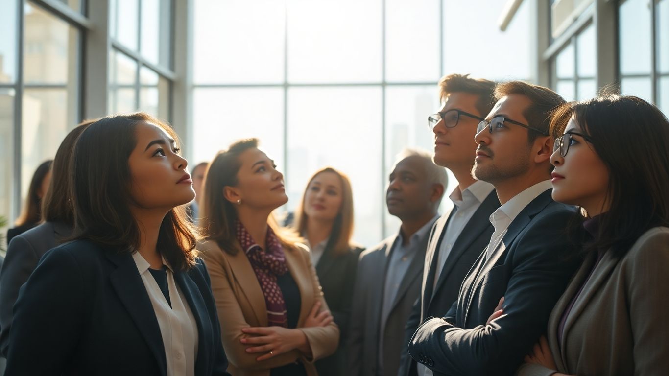 Business professionals looking towards a bright future.