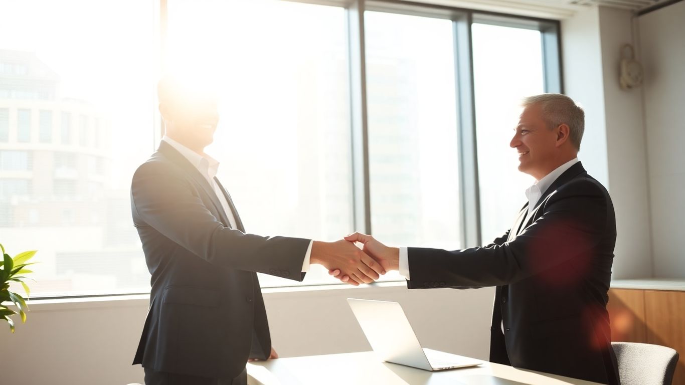 Handshake between two professionals in a modern office.