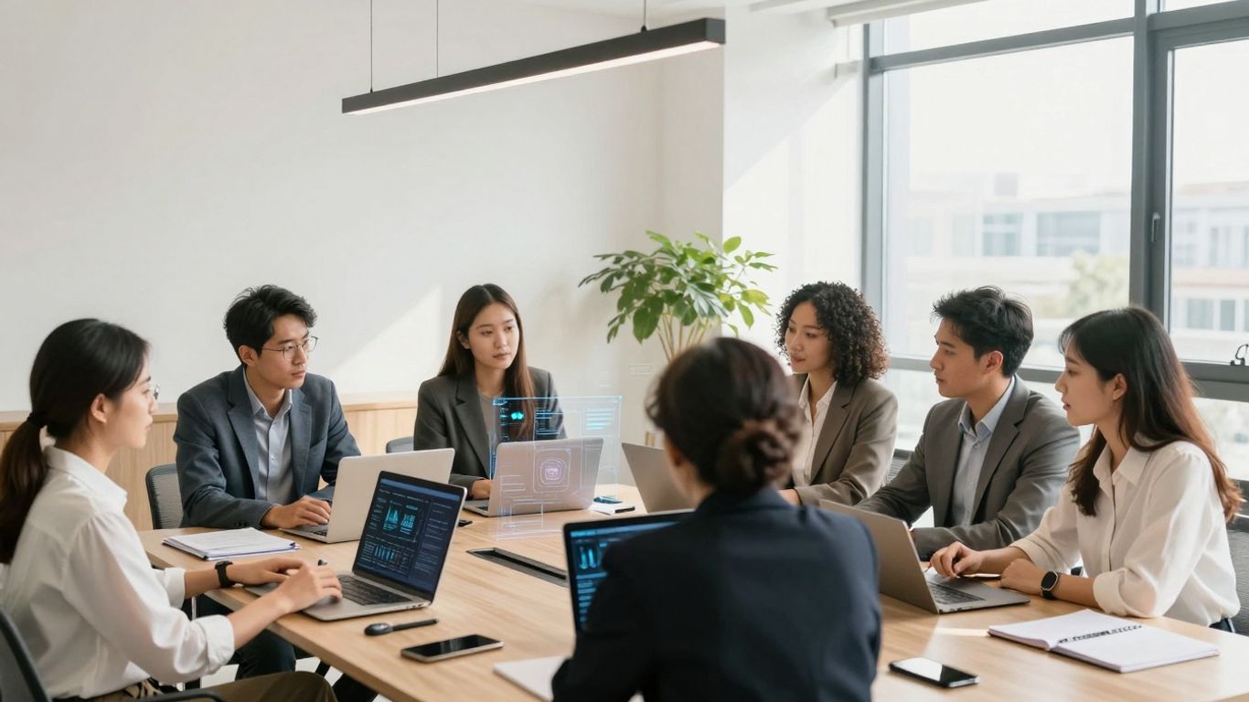 Professionals collaborating in a modern office, discussing FinTech and HealthTech.
