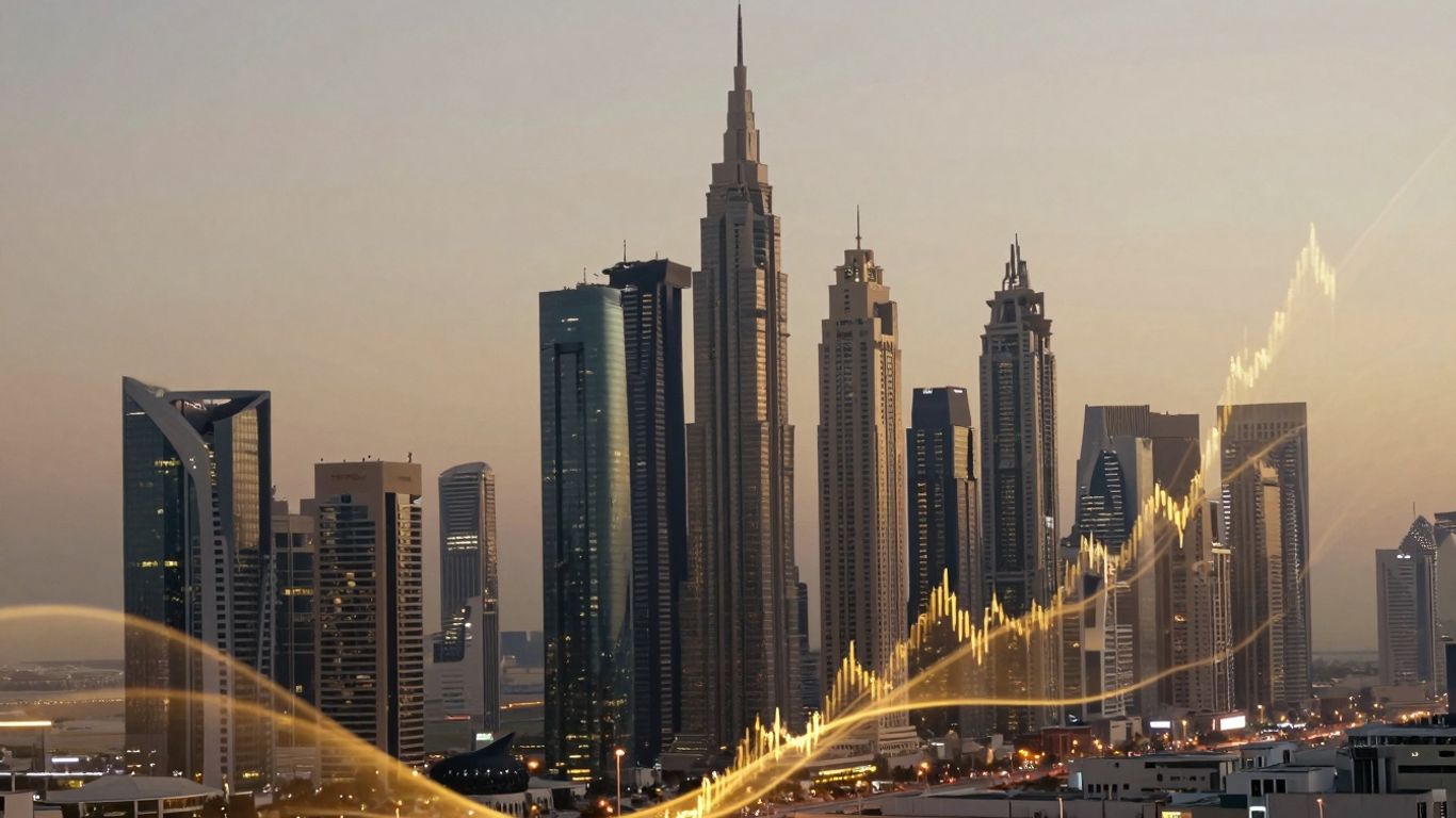 UAE cityscape with financial streams symbolizing investment