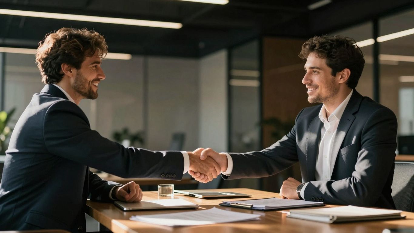 Founder and VC shaking hands in a modern office.