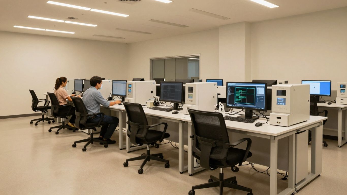 Modern incubator space with AI and science equipment.