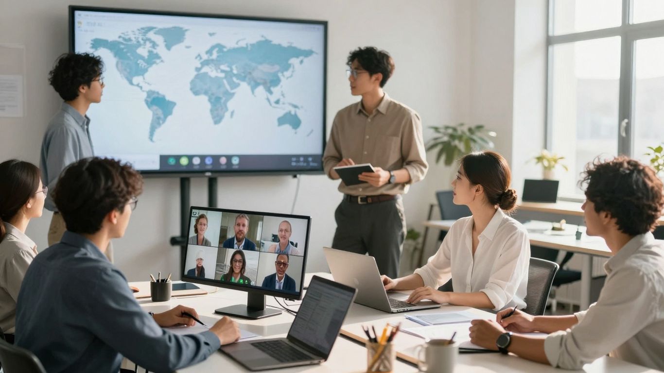 Diverse team collaborating remotely and in-office.