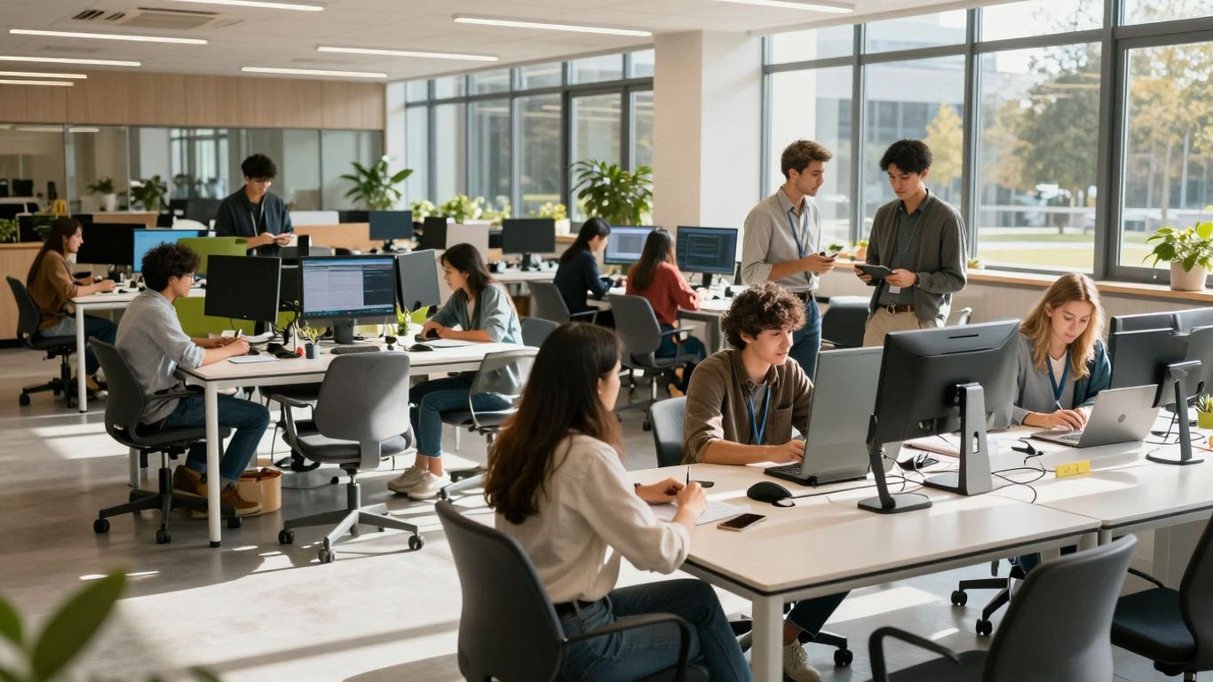 University students in a modern innovation hub.