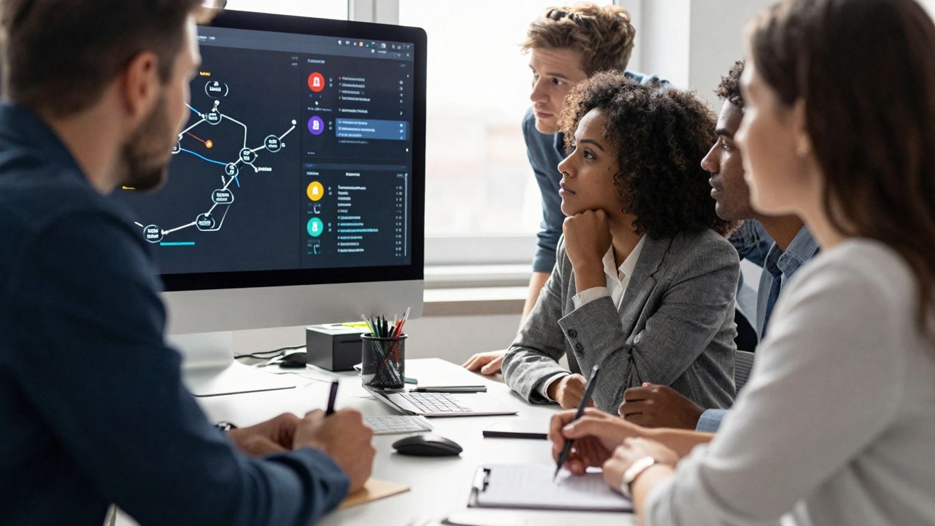 Professionals reviewing program options on a digital display.