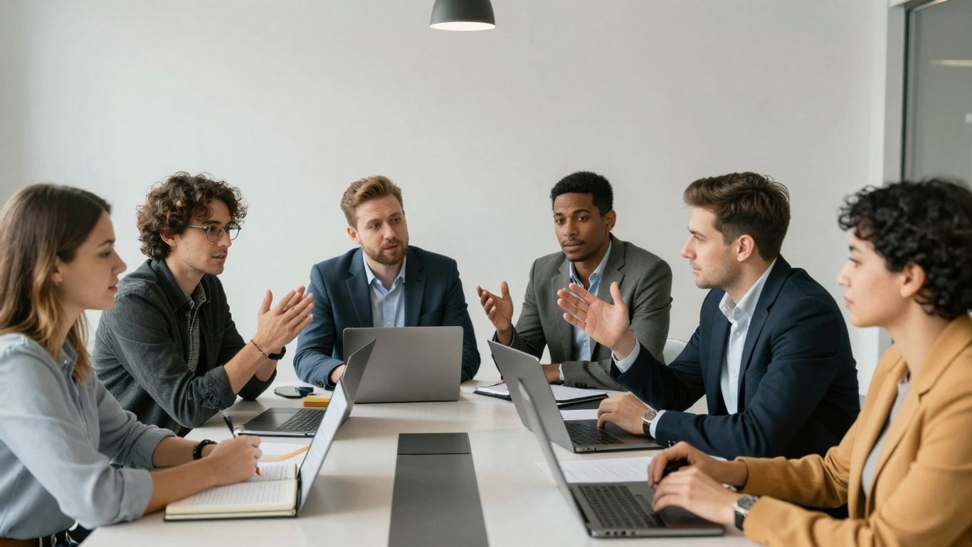 Entrepreneurs collaborating in a modern office setting.