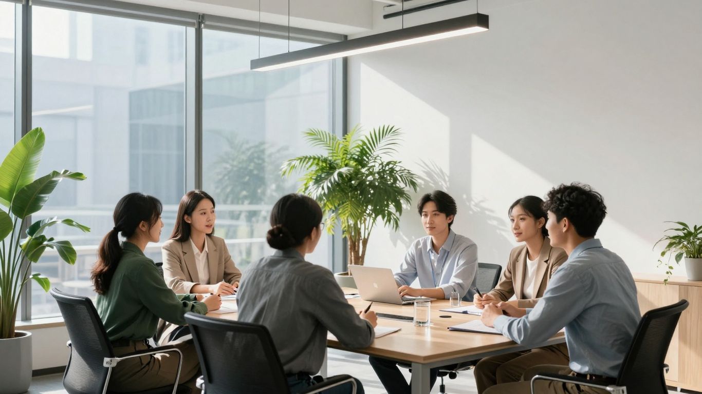 Professionals collaborating in a modern office setting.