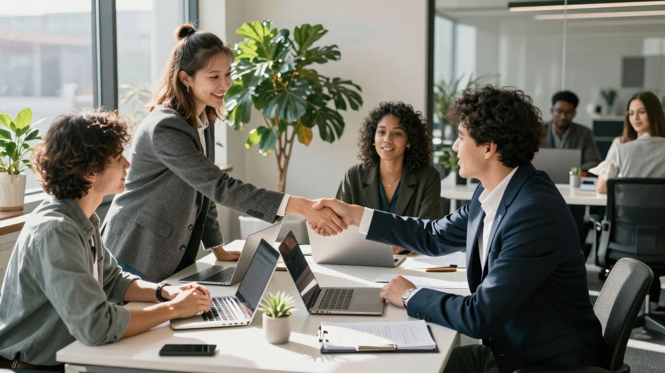 UAE business professionals shaking hands in a modern office.